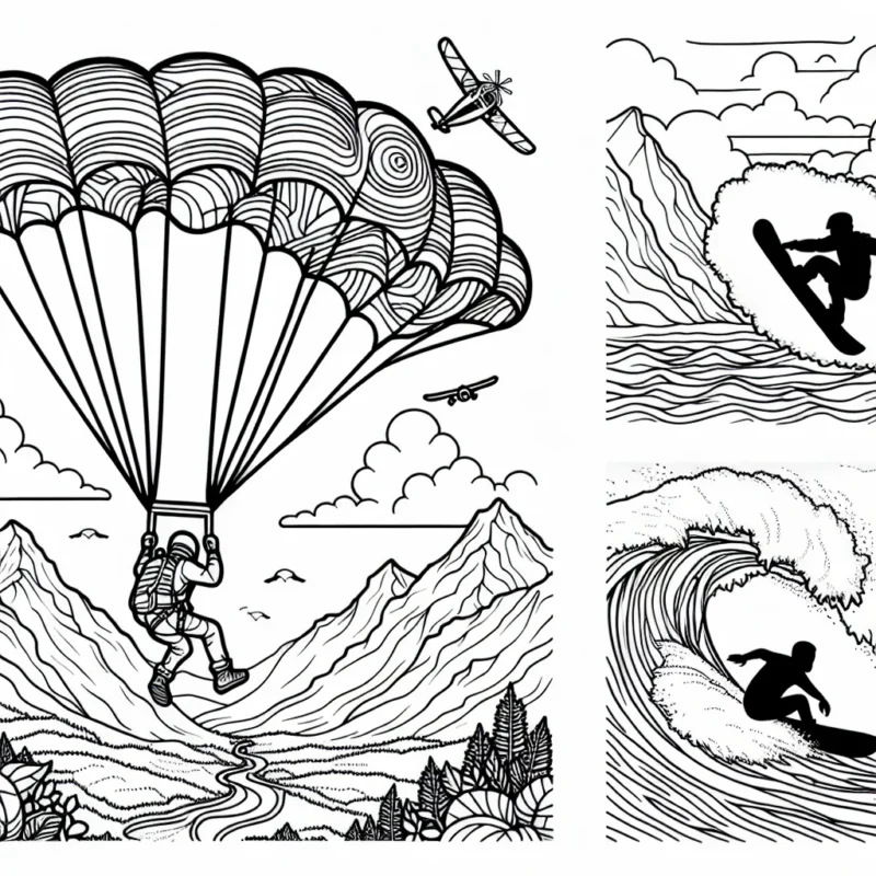 Un parachutiste plongeant du ciel avec son parachute coloré, un snowboardeur en plein salto au-dessus d'une piste montagneuse et un surfeur se frayant un chemin à travers une énorme vague! Les trois sports en action sont dessinés sur une toile de fond de nature impressionnante avec des montagnes, le ciel et l'océan.