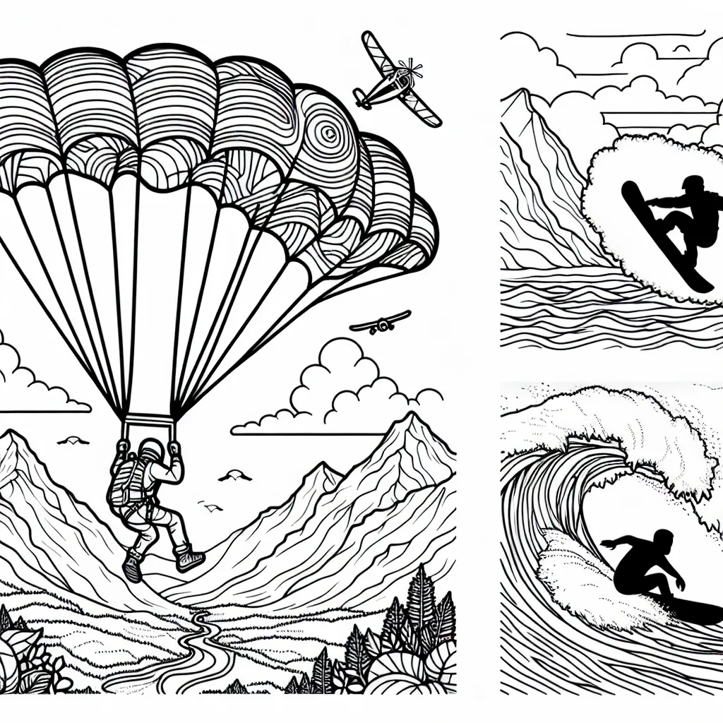 Un parachutiste plongeant du ciel avec son parachute coloré, un snowboardeur en plein salto au-dessus d'une piste montagneuse et un surfeur se frayant un chemin à travers une énorme vague! Les trois sports en action sont dessinés sur une toile de fond de nature impressionnante avec des montagnes, le ciel et l'océan.