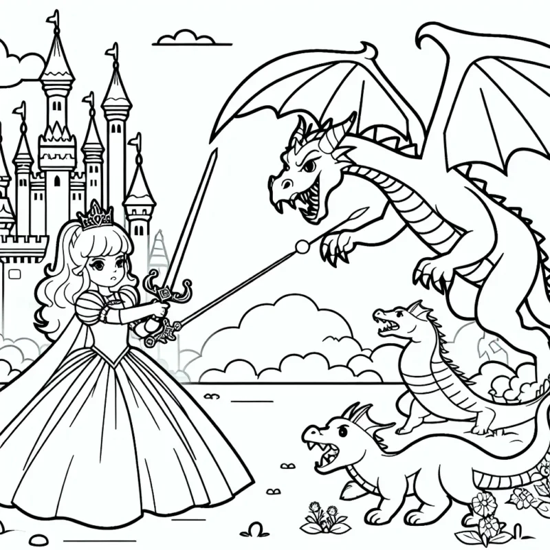 Une princesse courageuse défendant son royaume enchanté contre un dragon