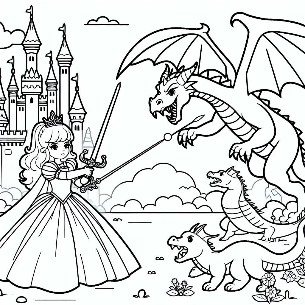 Une princesse courageuse défendant son royaume enchanté contre un dragon