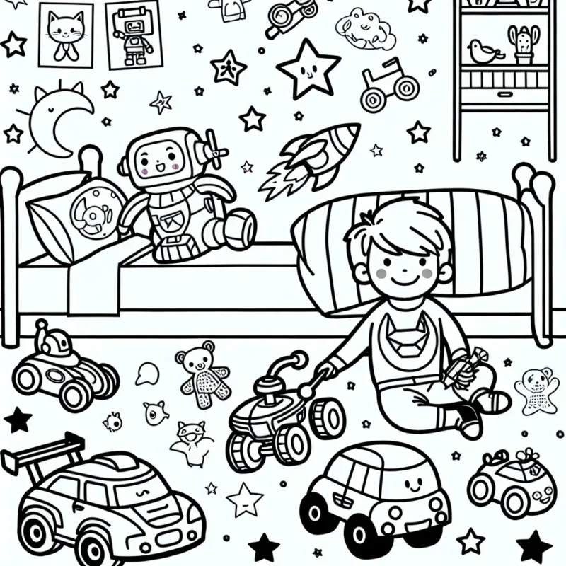 Un petit garçon joue avec ses jouets préférés parmi lesquels figurent des robots, des voitures de course et des super-héros dans sa chambre pleine de stickers d'animaux et d'étoiles.