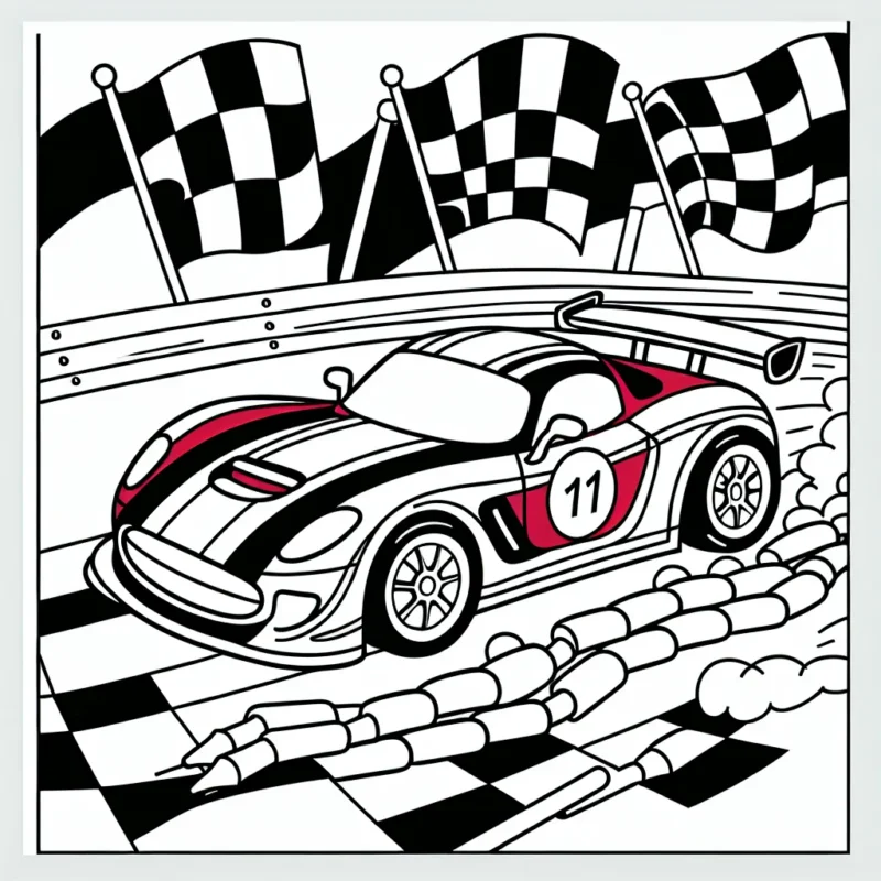 Dessine une voiture de course rouge fulgurante filant à toute vitesse sur une piste avec des drapeaux à damier en arrière-plan.