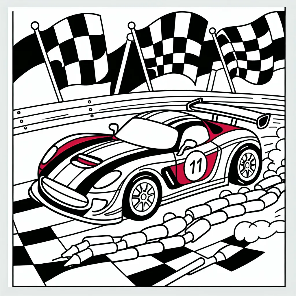 Dessine une voiture de course rouge fulgurante filant à toute vitesse sur une piste avec des drapeaux à damier en arrière-plan.