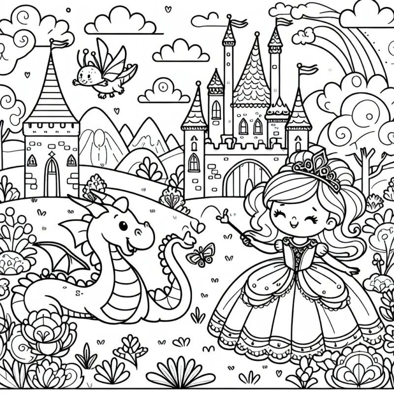 Un monde féerique de princesse avec un château, son dragon amical et un jardin fantastique!