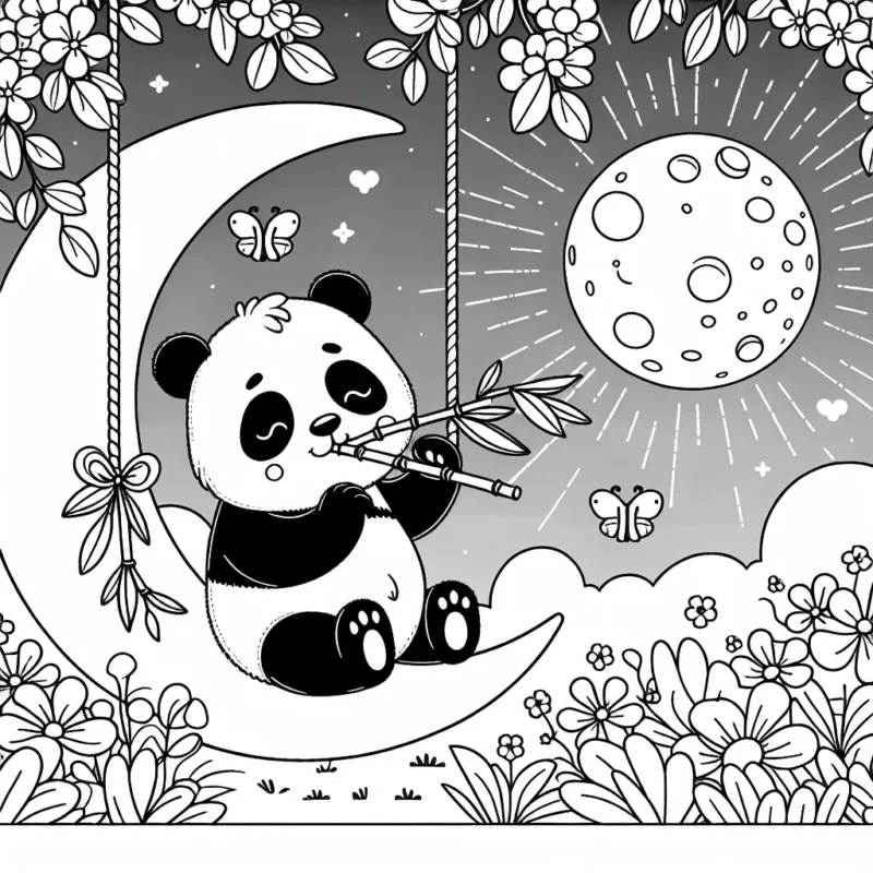 Un panda gourmand qui grignote du bambou tout en se balançant sur une belle lune brillante au-dessus d'un jardin fleuri.