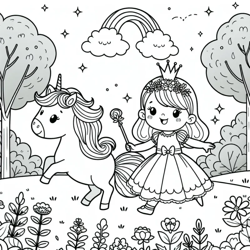 Une petite princesse fait une promenade magique avec son licorne dans un jardin merveilleux