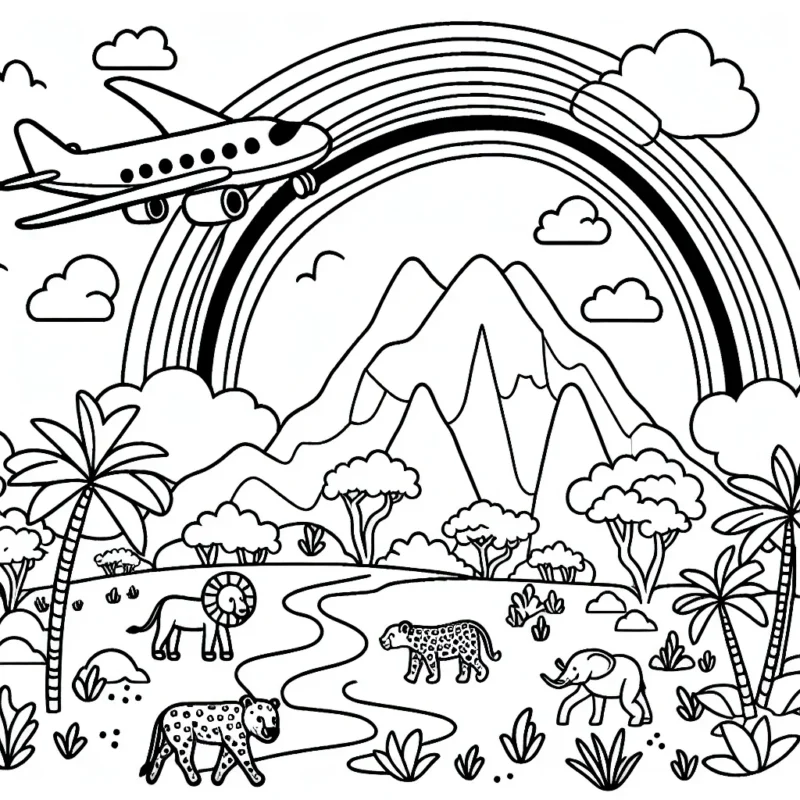 Un avion survole un paysage exotique avec un arc-en-ciel et des animaux sauvages en dessous.