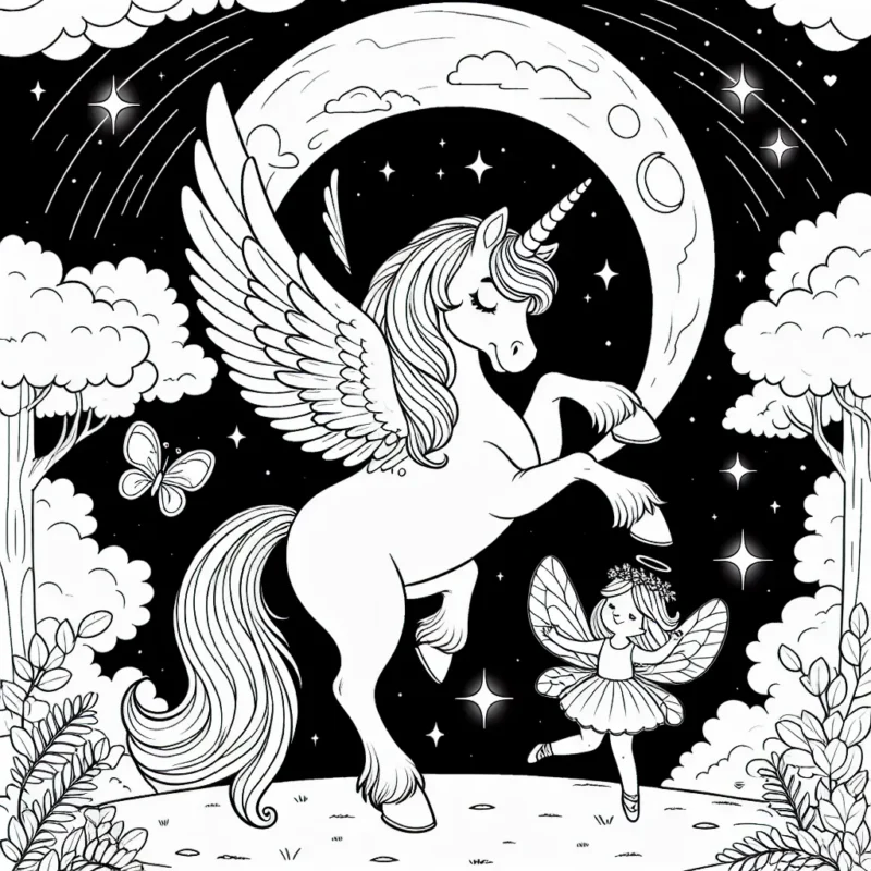 Une licorne ailée danse au clair de lune avec une petite fée