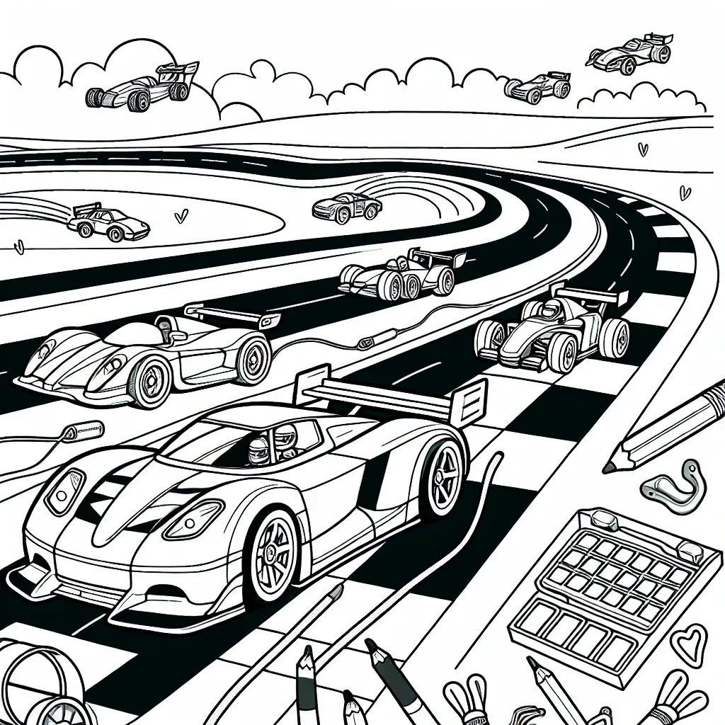 Imaginez un scénario de course de voitures passionnant et coloré. Utilisez toute votre créativité pour donner vie à une variété de voitures de course, des voitures classiques aux véhicules futuristes, sur un circuit de course rempli d'action. N'oubliez pas les pilotes, les spectateurs et même les pit stop pour des réparations rapides !