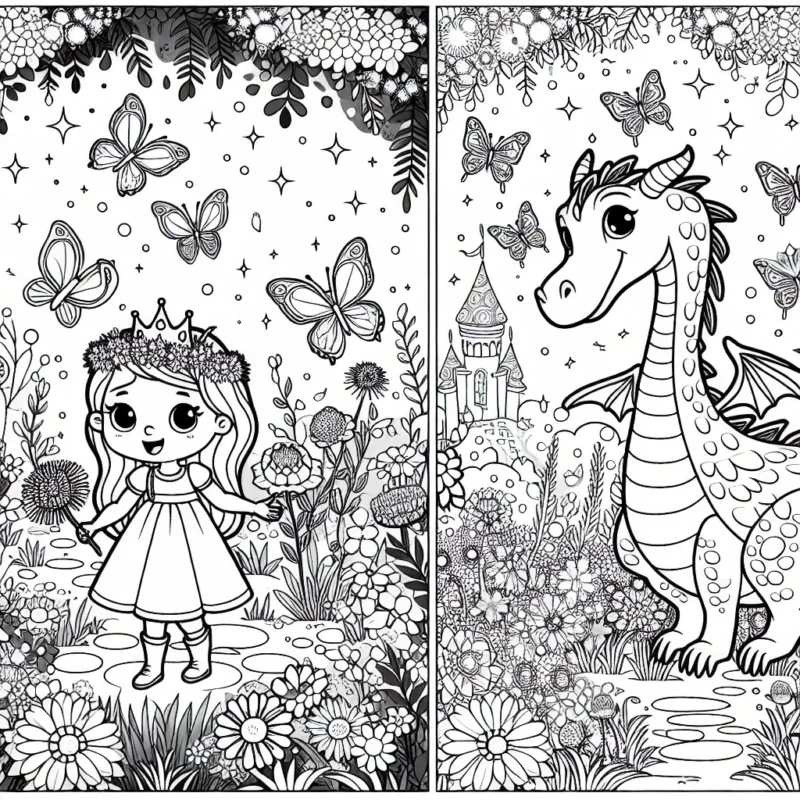 Une princesse qui fait une promenade avec son meilleur ami, le dragon, dans un royaume fantastique rempli de fleurs magiques et de papillons étincelants.