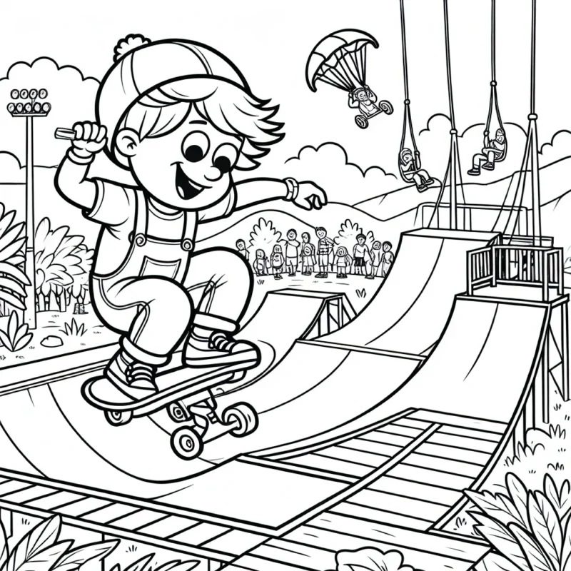 Dans ce dessin, un jeune aventurier fait du skateboard dans un parc rempli de rampes et de demi-tubes. De plus, certaines zones du parc sont réservées pour du saut à l'élastique et de l'escalade. L’aventurier vole au-dessus des rampes avec audace et assurance. Il y a également un public au loin, impressionné par son talent. Les enfants peuvent remplir ce tableau d'action avec leurs couleurs préférées.