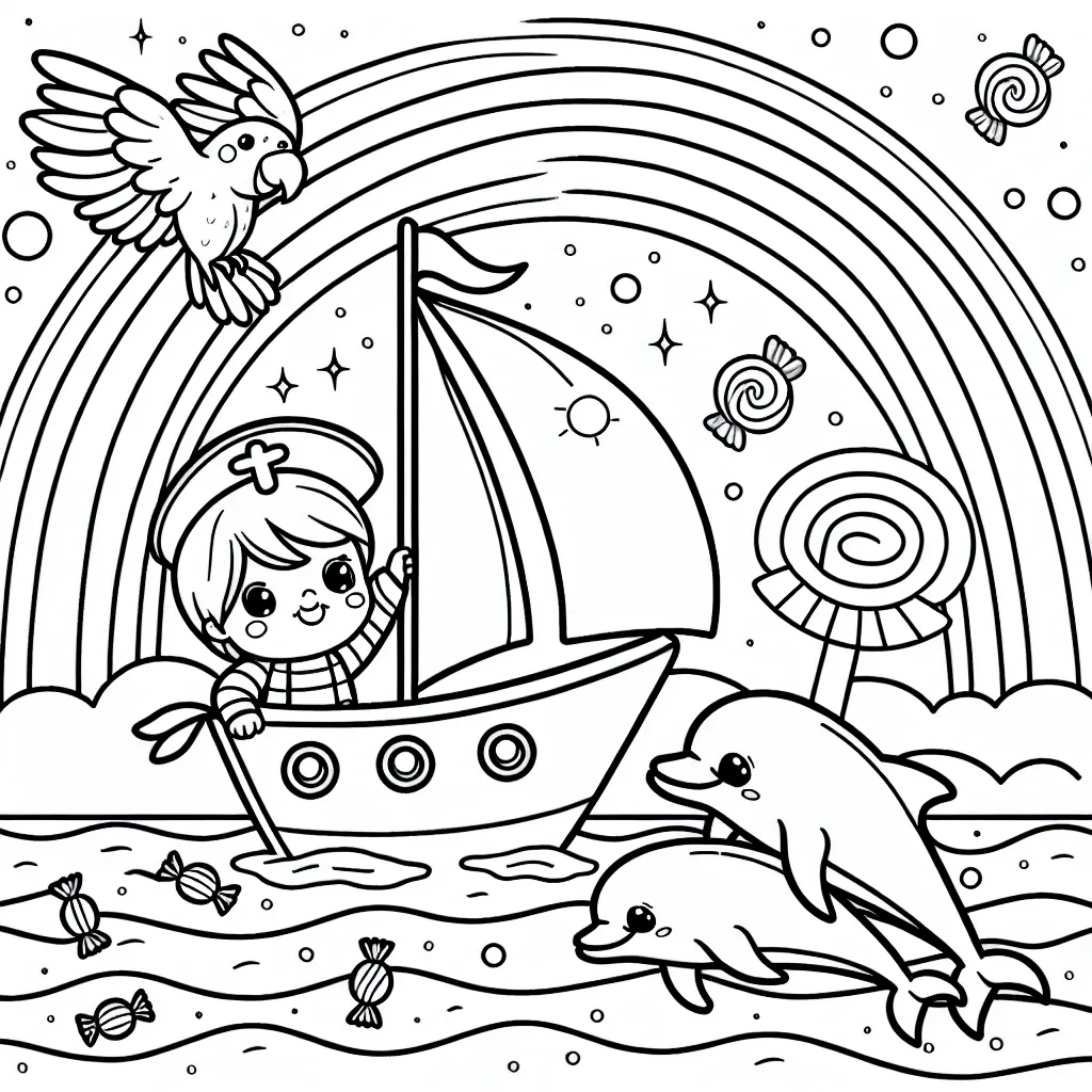 Un enfant-capitaine navigue sur une mer brillante sous un arc-en-ciel géant avec un perroquet coloré sur l'épaule, tandis que des dauphins amicaux sautent autour du bateau au milieu de bonbons flottants