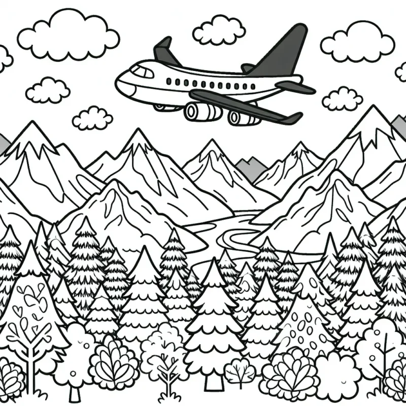 Dessine un avion qui survole des montagnes enneigées et une forêt luxuriante en pleine journée.