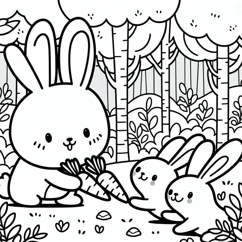 Dessine un lapin malicieux qui distribue des carottes à ses amis dans la forêt enchantée.