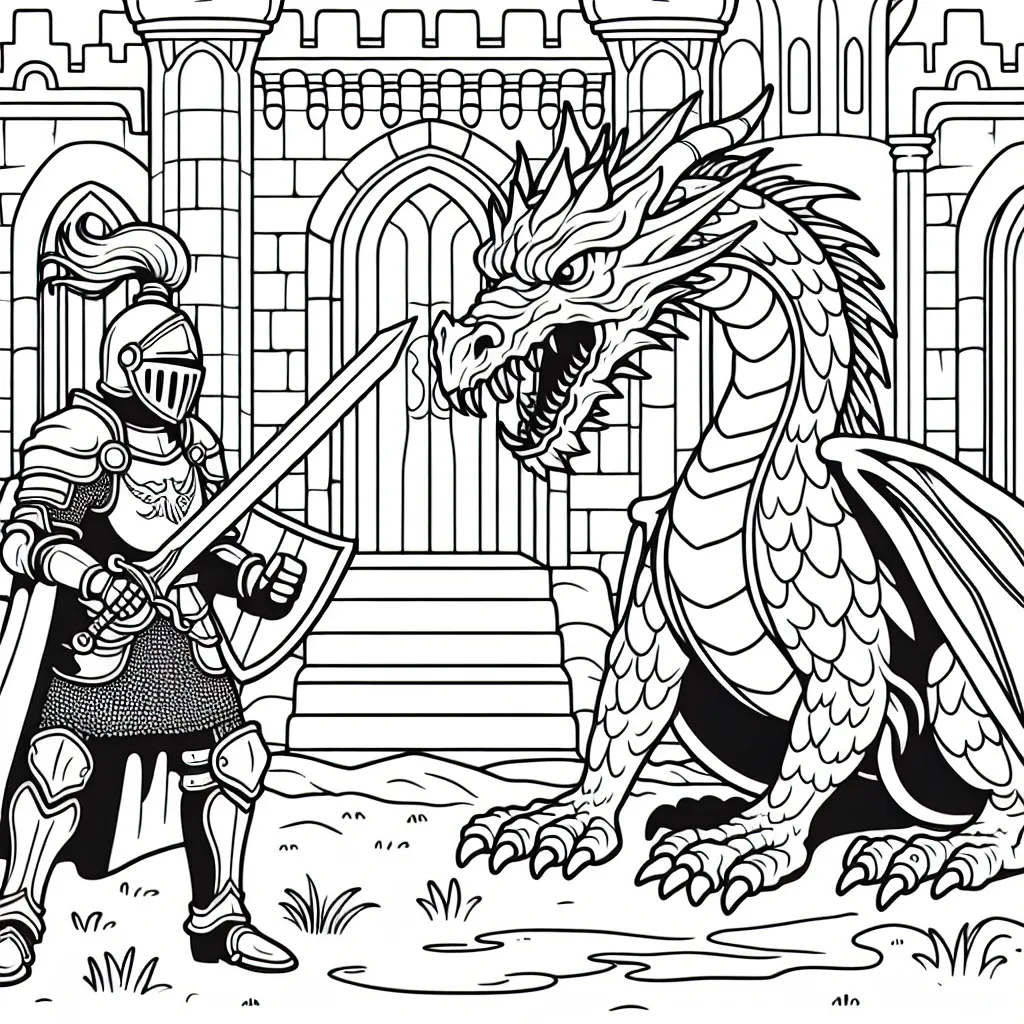 Un courageux chevalier avec son épée qui affronte un dragon imposant et mystique dans un château ancien.