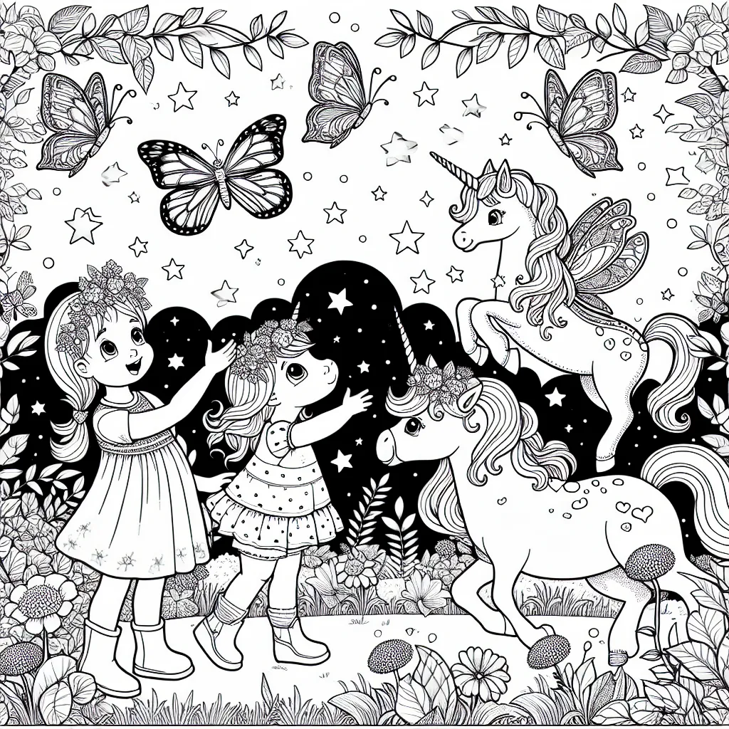 Sur le dessin, vous pouvez voir une petite fille qui joue avec des créatures imaginaires dans son jardin magique. Elle parle avec des licornes, des fées et des papillons multicolores. Des étoiles scintillent autour d'elles. Il y a beaucoup de détails sur ce dessin qui attendent d'être colorés par vous.