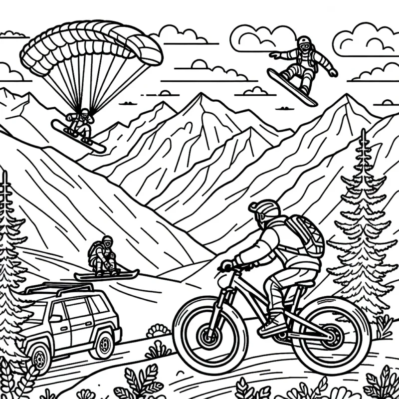 Dessine un parcours de VTT en montagne avec un cycliste en action, un snowboardeur descendant une pente enneigée et un parachutiste en plein vol au-dessus d'un paysage montagneux.