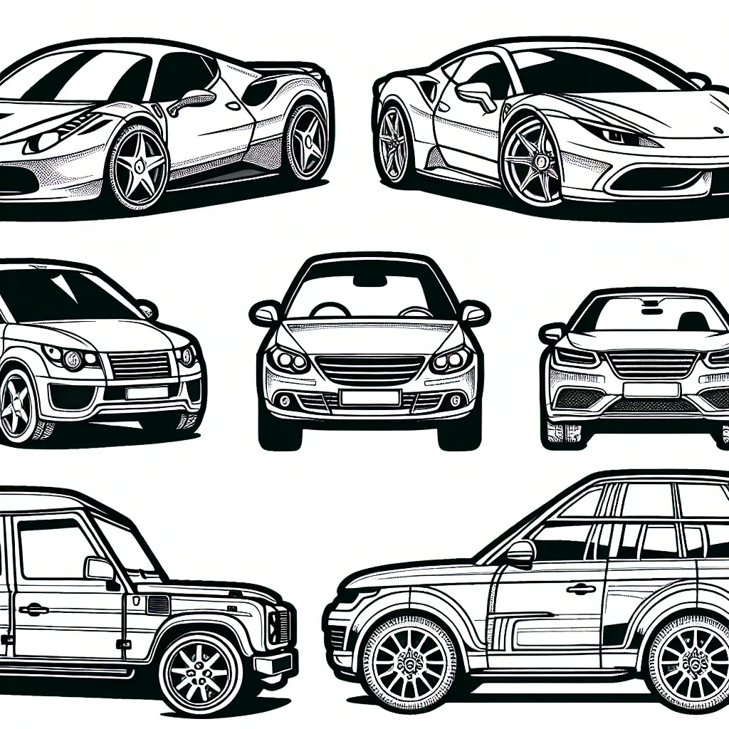 Dessine et colore des voitures de différentes marques comme Ferrari, BMW, Mercedes, Audi, Renault, Peugeot et Range Rover.