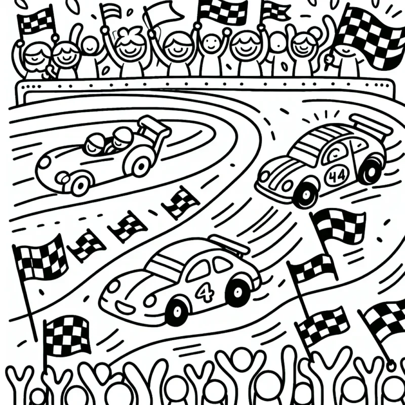 Dessine une course de voitures haute en couleurs se déroulant sur un circuit bondé de spectateurs enthousiastes