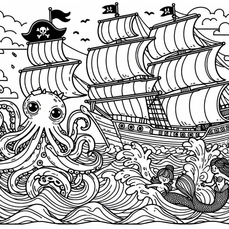 Un bateau pirate navigue sur des vagues tumultueuses tandis qu'un gentil kraken partage son trésor avec des sirènes amusées.