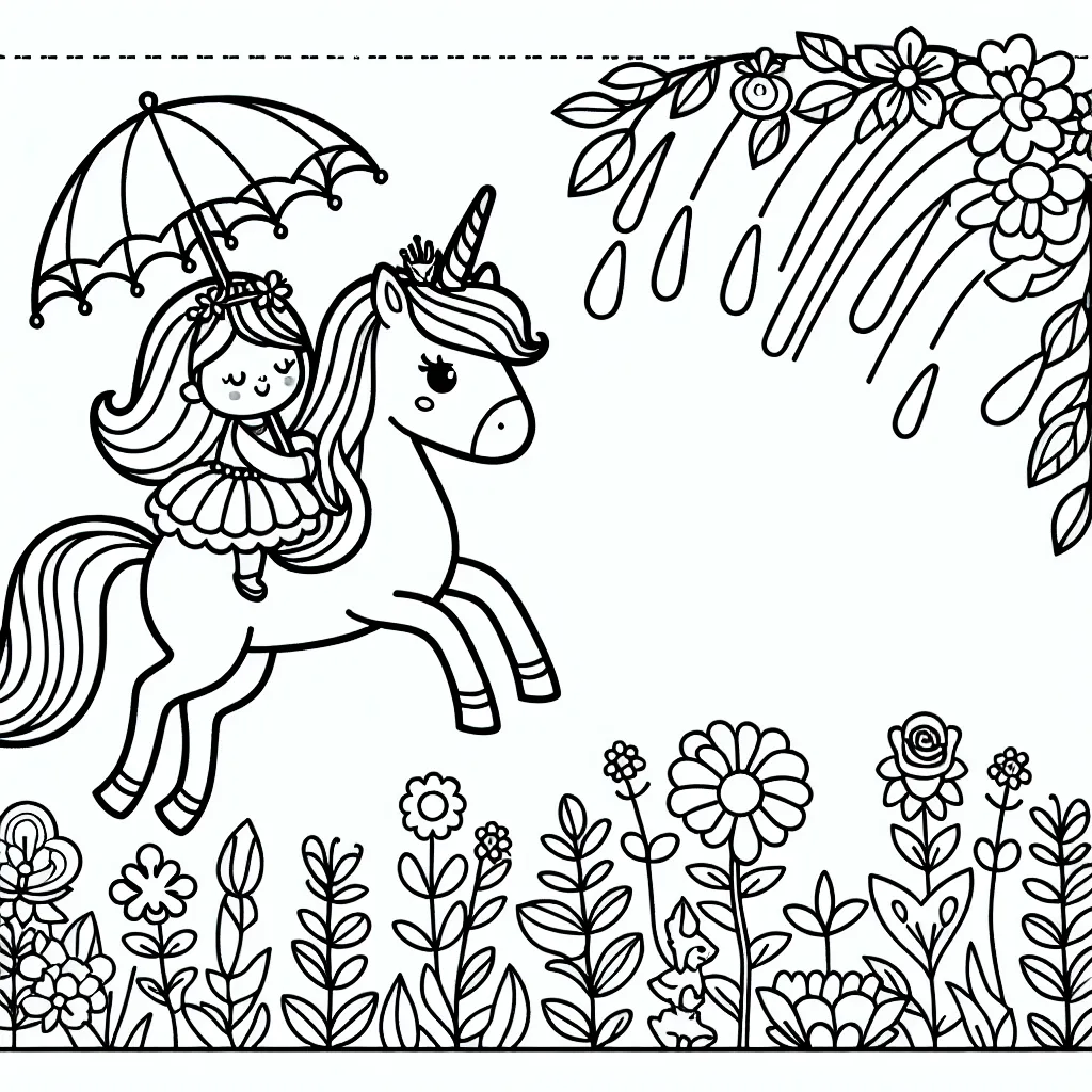 Une petite princesse chevauche un licorne arc-en-ciel dans un jardin fleuri