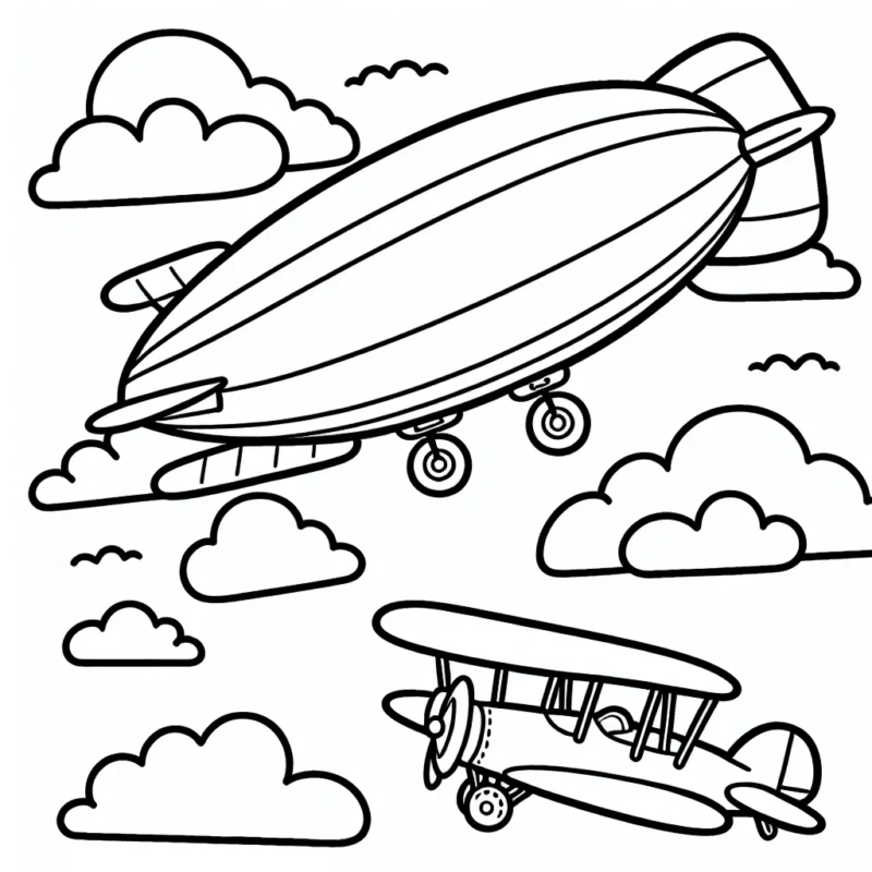 Dessine un dirigeable, un avion à réaction et un biplan volant haut dans le ciel rempli de nuages.