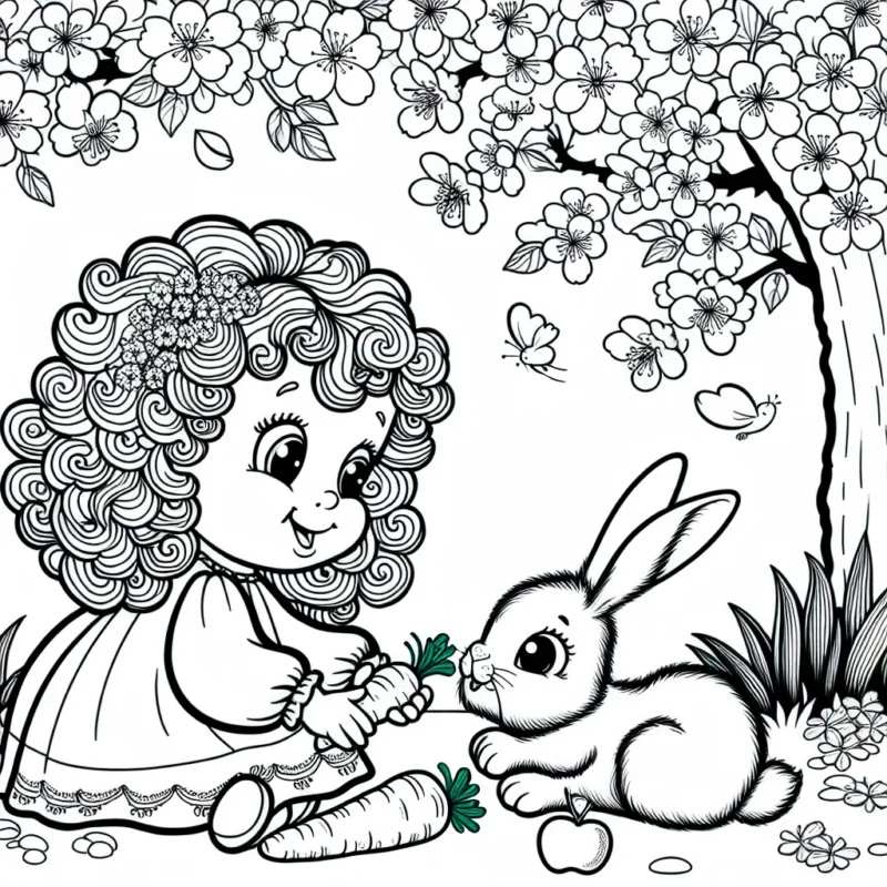 Une petite princesse aux cheveux bouclés s'est accroupie pour donner une carotte à son lapin préféré sous un cerisier en fleurs.