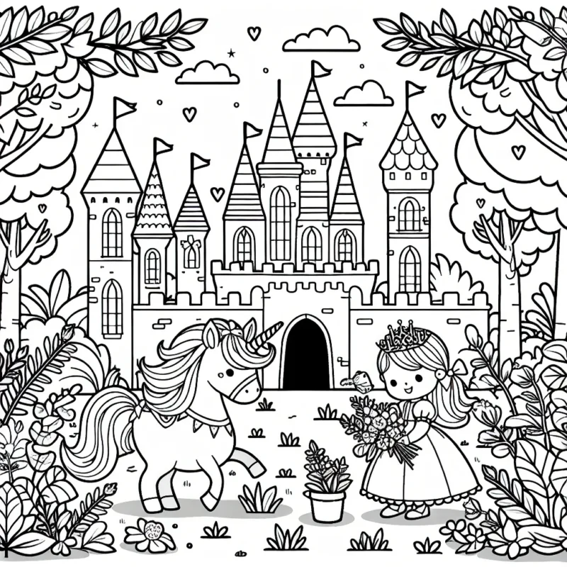 Un château féerique entouré de la faune et de la flore, avec une petite princesse jouant avec son licorne magique à l'avant-plan.