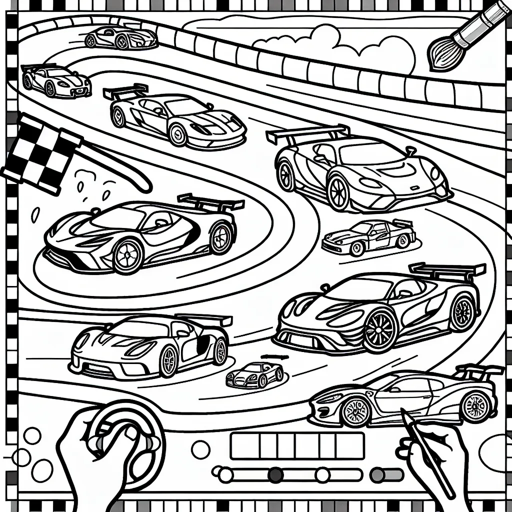 Dessine une course passionnante de voitures de sport avec une variété de voitures colorées sur une piste de course animée