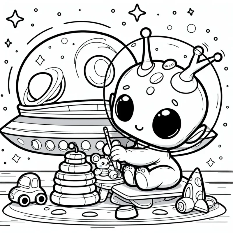 Un petit extraterrestre affectueux de la planète Zorgon joue avec sa collection de jouets galaxiques sur son vaisseau spatial coloré.