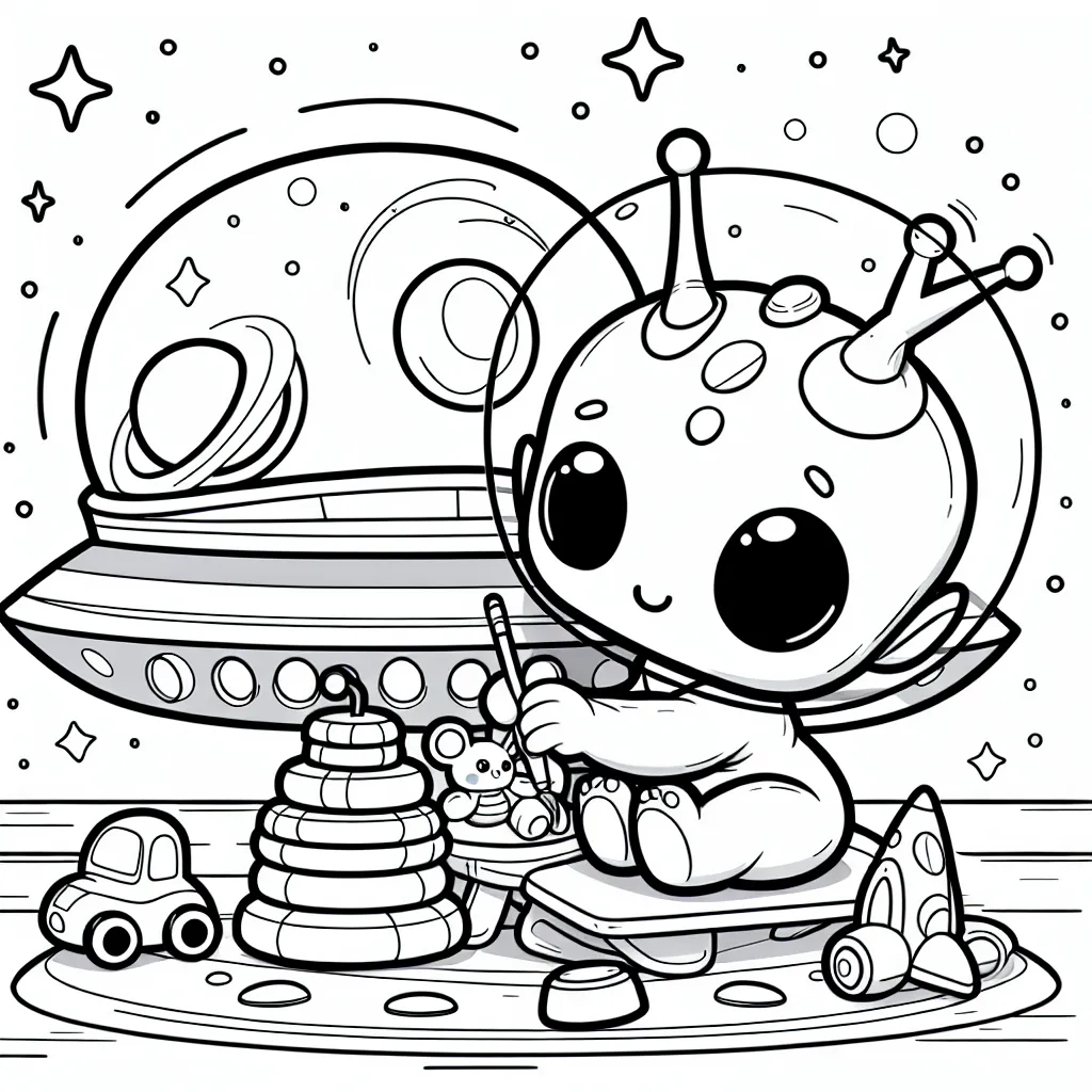 Un petit extraterrestre affectueux de la planète Zorgon joue avec sa collection de jouets galaxiques sur son vaisseau spatial coloré.