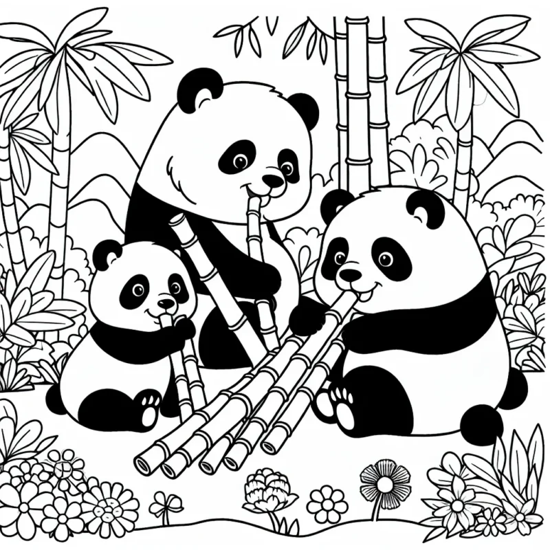 Une famille de pandas mangent des tiges de bambou dans un forêt tropicale rempli de fleurs colorées et d'autres animaux exotiques.