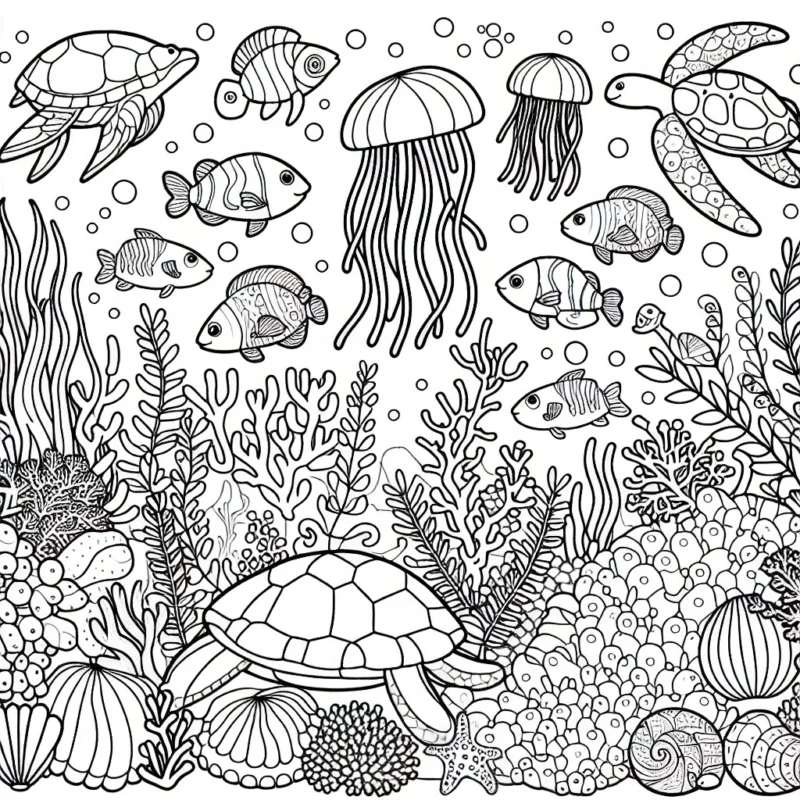 Faites ressortir les couleurs des fonds marins dans ce chef-d'œuvre illustrant une variété d'animaux marins, des poissons aux tortues de mer, aux méduses, en passant par les coraux vibrants et les plantes marines luxuriantes.