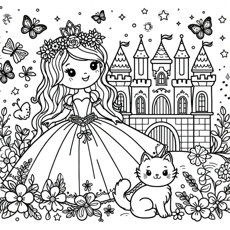 Imagine une belle princesse jouant avec un adorable chaton dans son château enchanté rempli de fleurs et de papillons colorés.