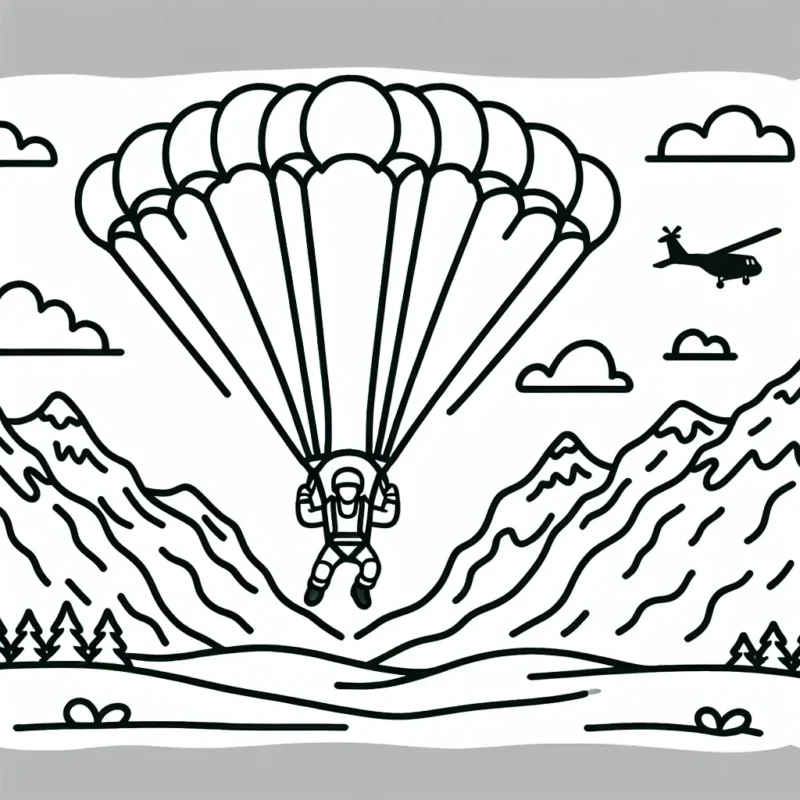 Dessine une scène captivante de saut en parachute avec un arrière-plan de montagnes enneigées