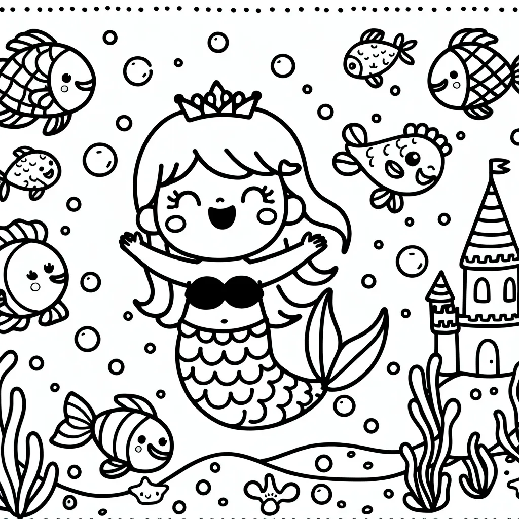 Dessine une petite sirène entourée de ses amis les poissons colorés nageant joyeusement autour d'un château sous-marin.