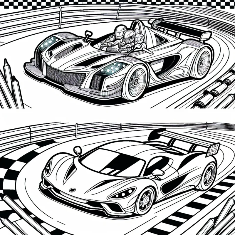 Dessiner une course passionnante entre deux voitures de sport sur un circuit bouclé, la rouge fonçant à toute allure et la bleue tentant désespérément de la rattraper.