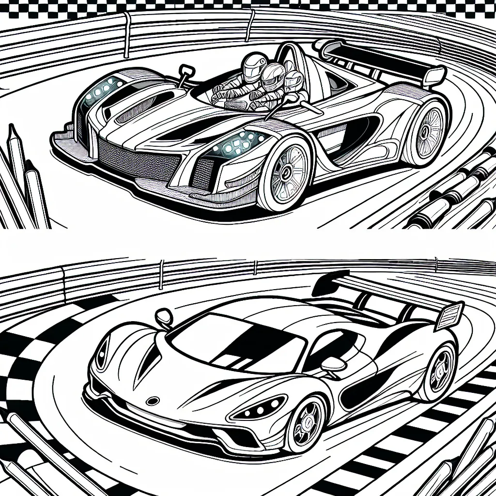 Dessiner une course passionnante entre deux voitures de sport sur un circuit bouclé, la rouge fonçant à toute allure et la bleue tentant désespérément de la rattraper.