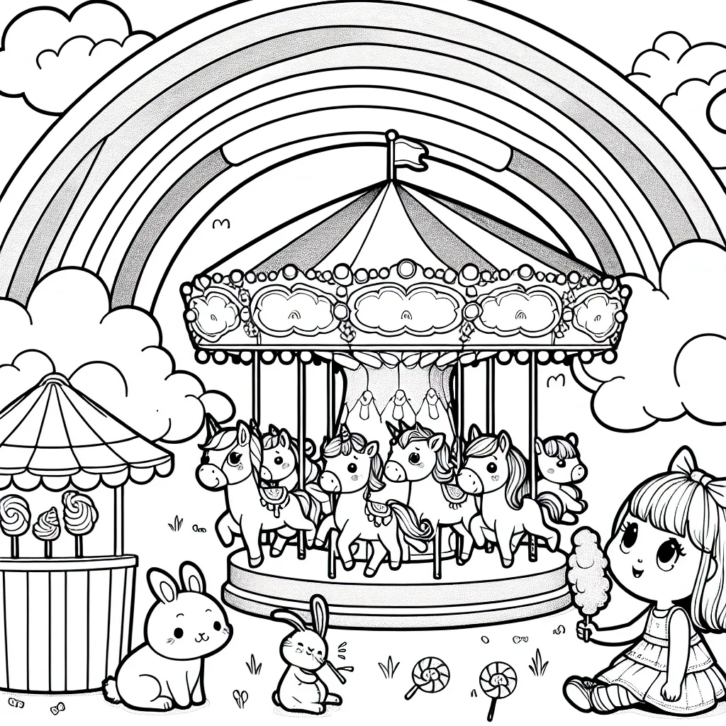 Un carrousel magique dans un parc d'attractions, rempli d'animaux plus mignons les uns que les autres. Un arc-en-ciel les survole, tandis qu'une petite fille nourrit un lapin près d'un stand de barbe à papa.