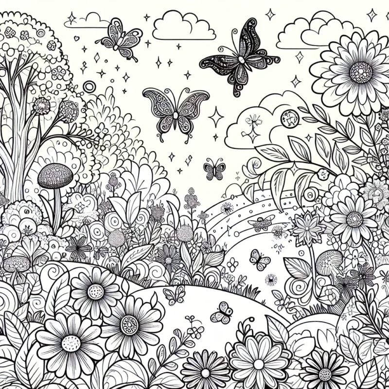 Imaginez que vous vous trouvez dans un magnifique jardin enchanté, rempli de belles fleurs scintillantes, de jolis papillons et de petites fées qui volent autour de vous. Il fait beau et ensoleillé. Prenez vos crayons et mettez des couleurs dans ce monde féerique!