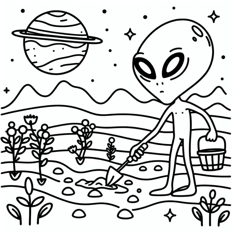 Dessine un extraterrestre amusant qui jardine sur sa planète mystérieuse