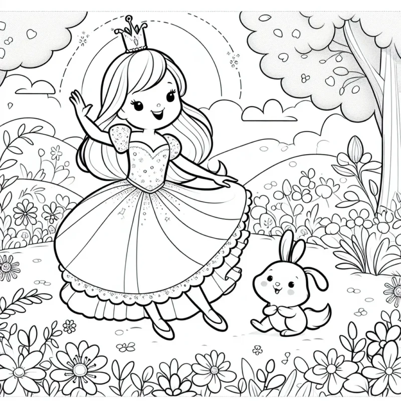 Une princesse avec sa robe brillante danse dans son jardin fleuri avec son fidèle compagnon, le petit lapin coquin.