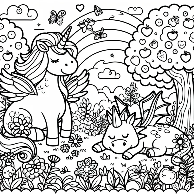 Imaginez et coloriez un monde féerique dans lequel vivent une gentille licorne qui a des ailes éclatantes et un dragon amical, tous deux se reposant dans un jardin luxuriant rempli de fleurs vibrantes et d'arbres fruitiers.