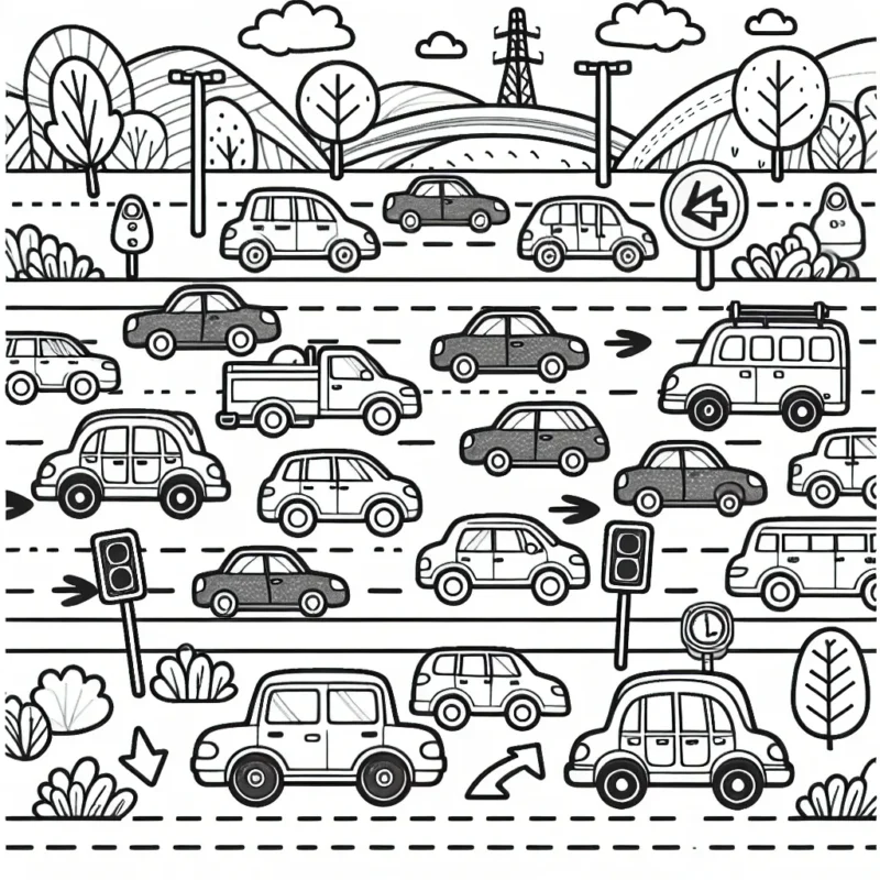 Dessine et colorie une scène animée d'un embouteillage coloré, avec des voitures de différents modèles et de toutes les couleurs. N'oublie pas d'ajouter des détails comme des feux de circulation, des panneaux de signalisation et des arbres le long de la route!