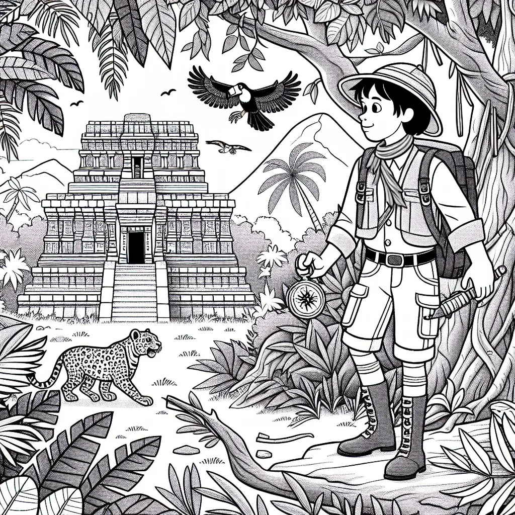 Sur cette scène de coloriage, un jeune explorateur bravement habillé se tient à l'entrée d'une épaisse jungle. Il tient dans sa main droite une boussole tandis que de sa main gauche, il écarte les feuilles épaisses des arbres. Au loin, on peut voir une ruine d'un ancien temple à moitié caché par le feuillage. Des animaux exotiques sont également dispersés dans la scène: un singe sur une branche, un toucan en vol et un léopard tapi dans l'ombre. La complexité est équilibrée pour permettre aux enfants de peindre sans se sentir dépassés.