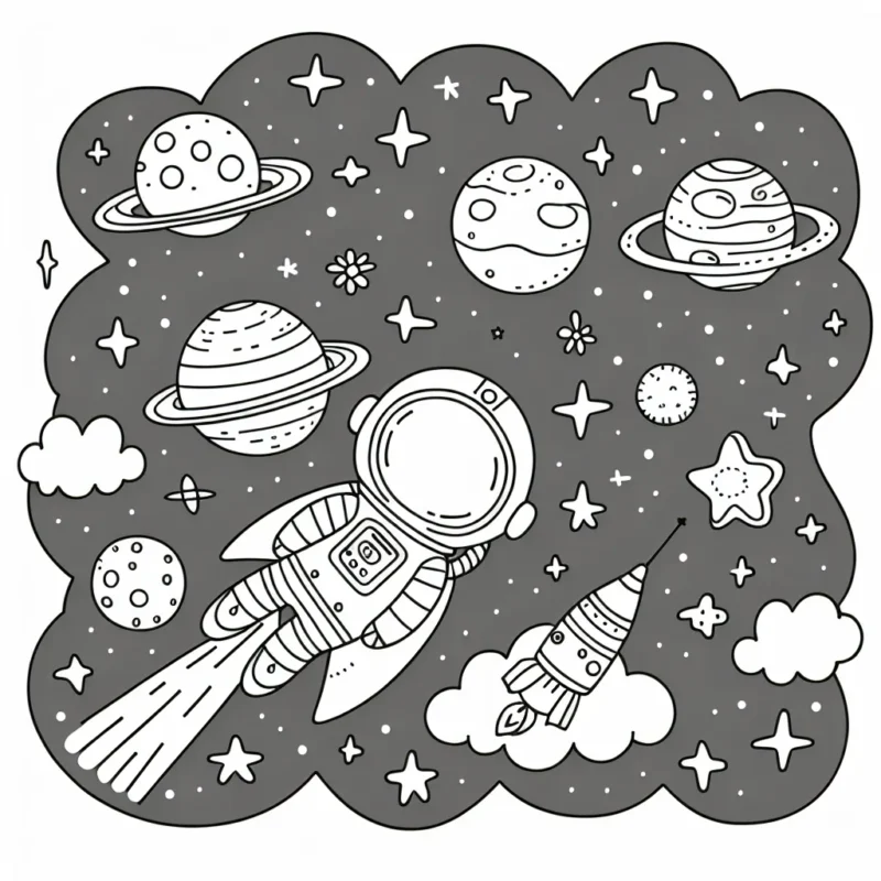 Imagine que tu es un astronaute qui explore l'espace. Dessine, puis colore, ton vaisseau spatial, les planètes que tu découvres, les étoiles qui brillent dans le lointain et les éventuels extraterrestres que tu rencontres sur ton chemin!