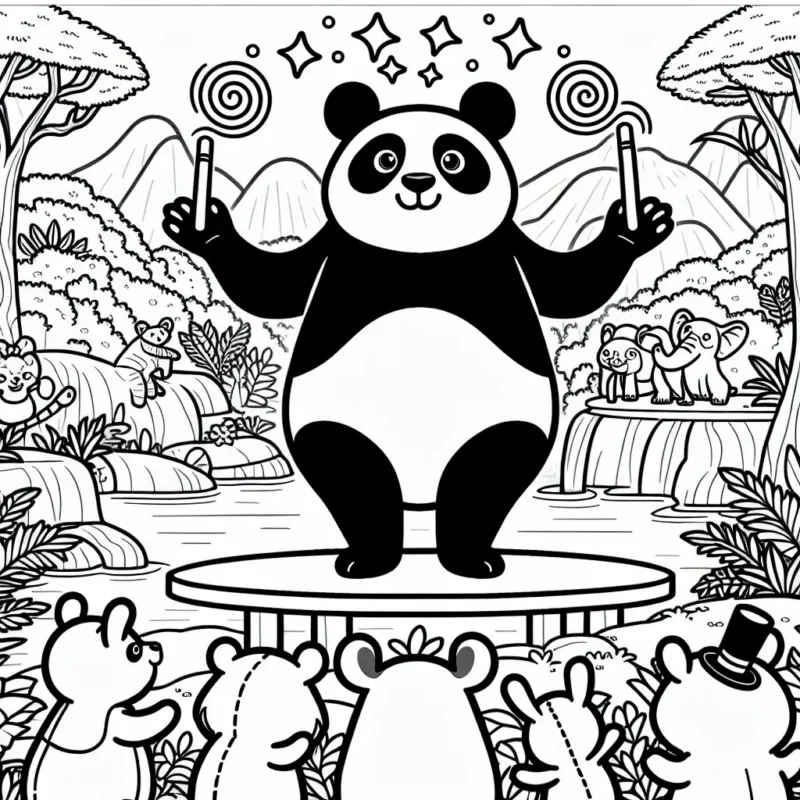 Un panda géant réalise des tours de magie dans une jungle colorée, entourée d'animaux admiratifs.