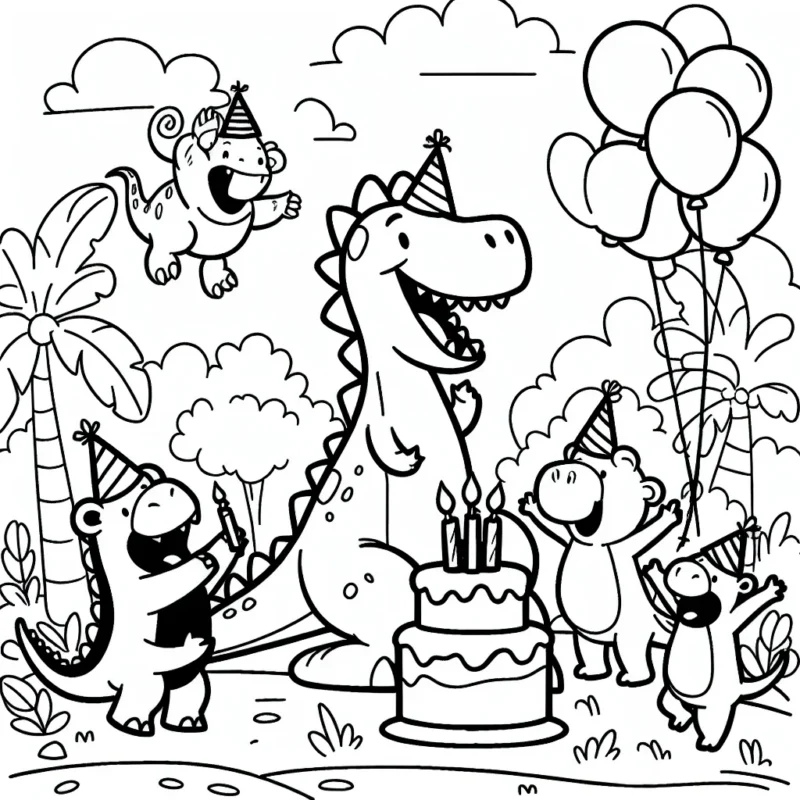 Dessine un dinosaure joyeux en train de célébrer son anniversaire avec ses amis mammifères dans la jungle.