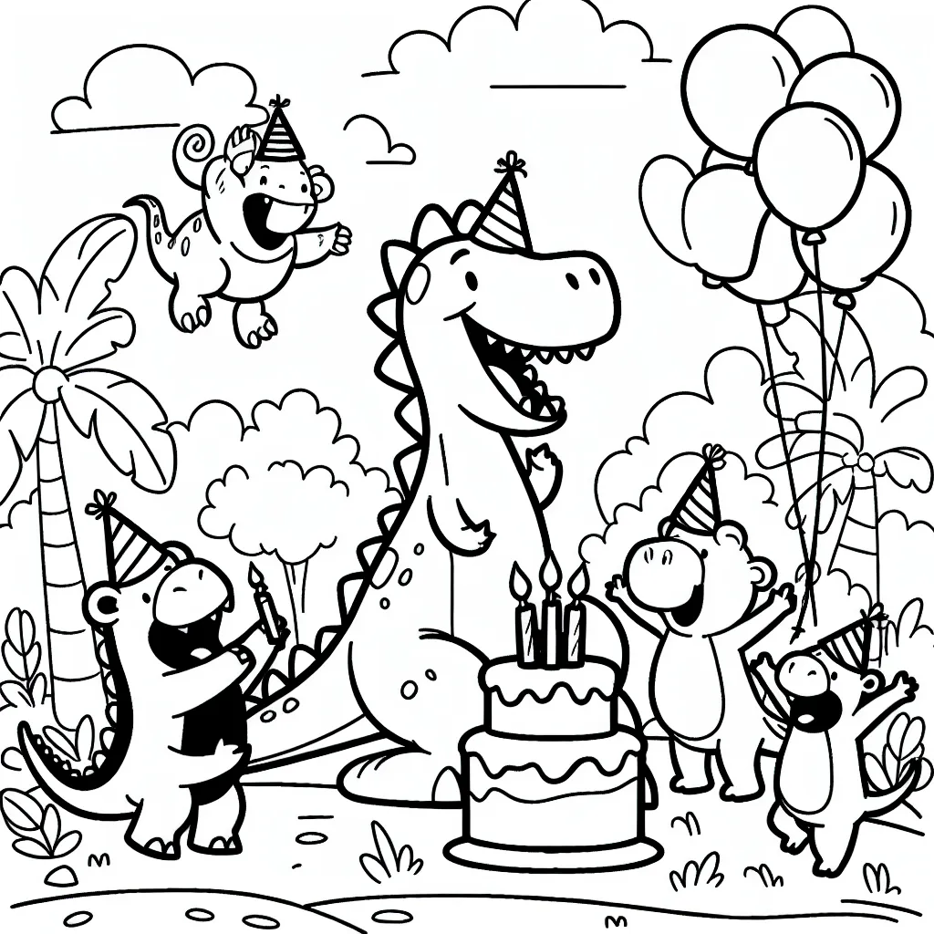 Dessine un dinosaure joyeux en train de célébrer son anniversaire avec ses amis mammifères dans la jungle.