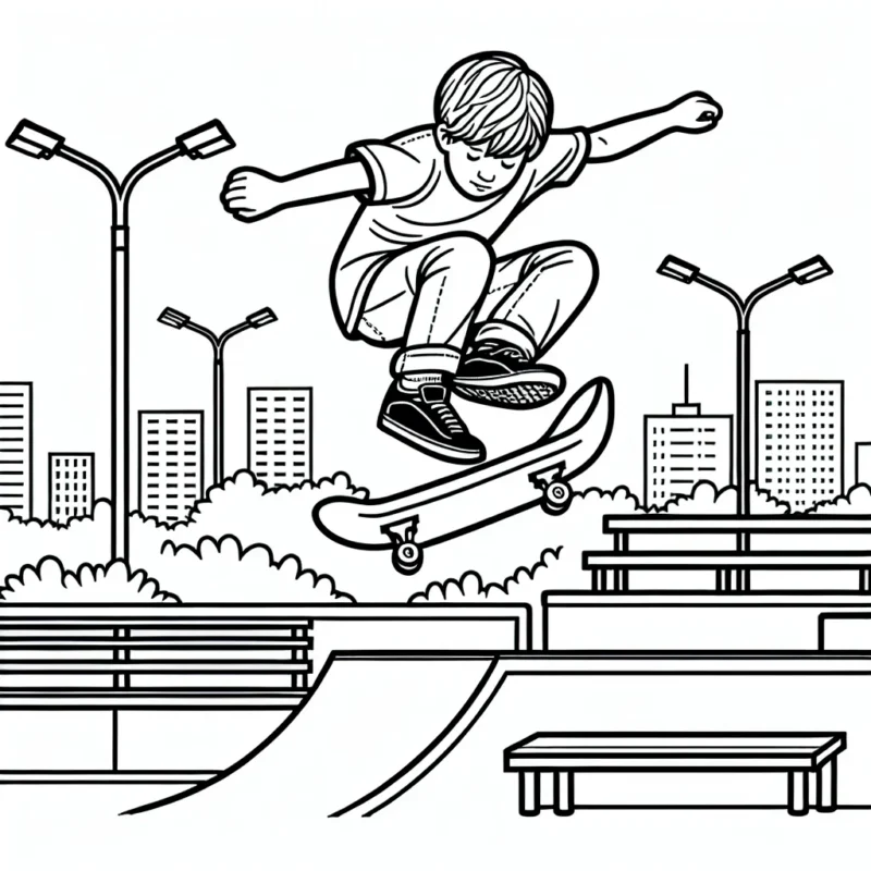 Dessins d'un skateboarder faisant un saut monumental au-dessus une rampe dans un parc de skateboard avec un paysage urbain en arrière plan